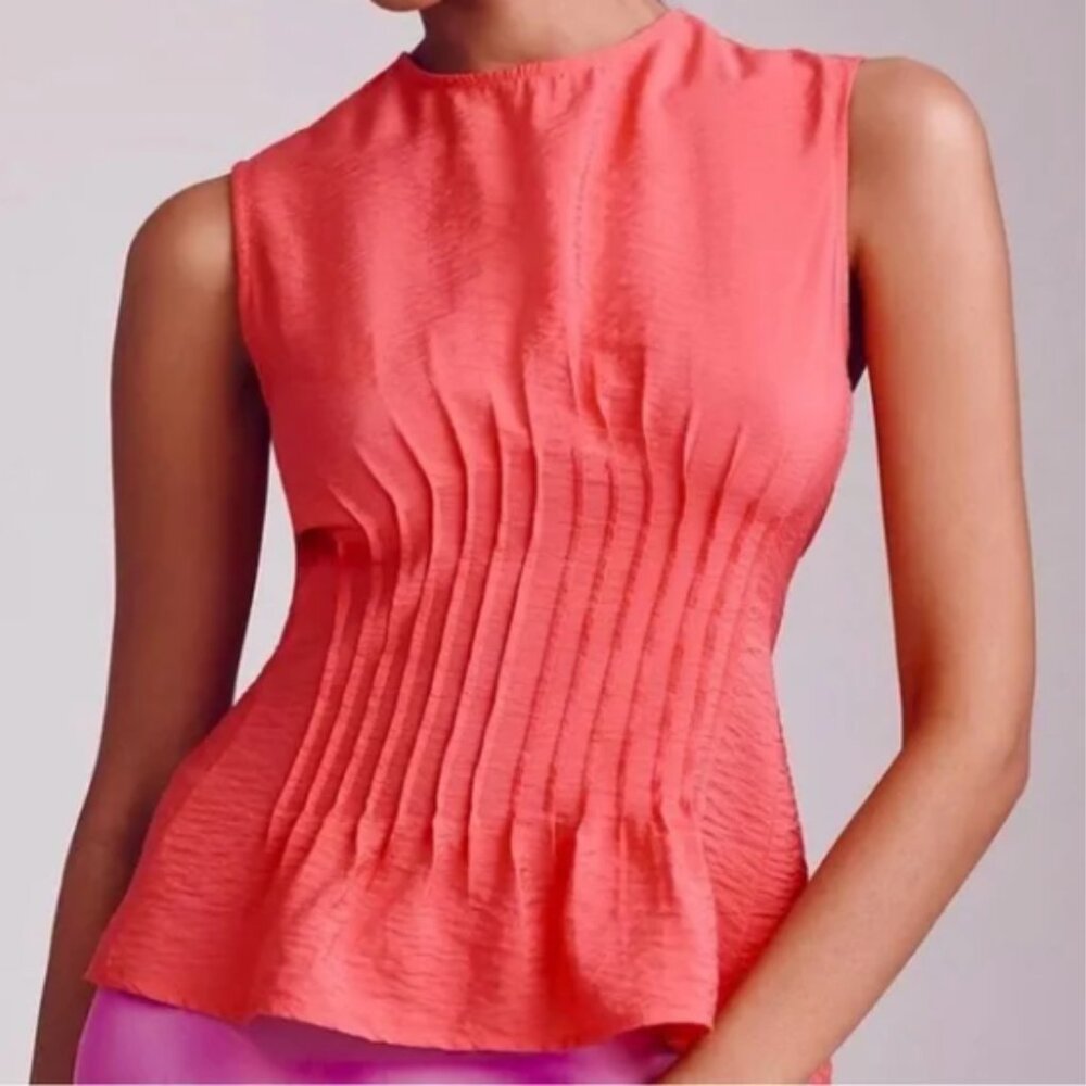 Anthropologie Della Pleated-Waist Shell Top | Red Coral Blouse Size XL